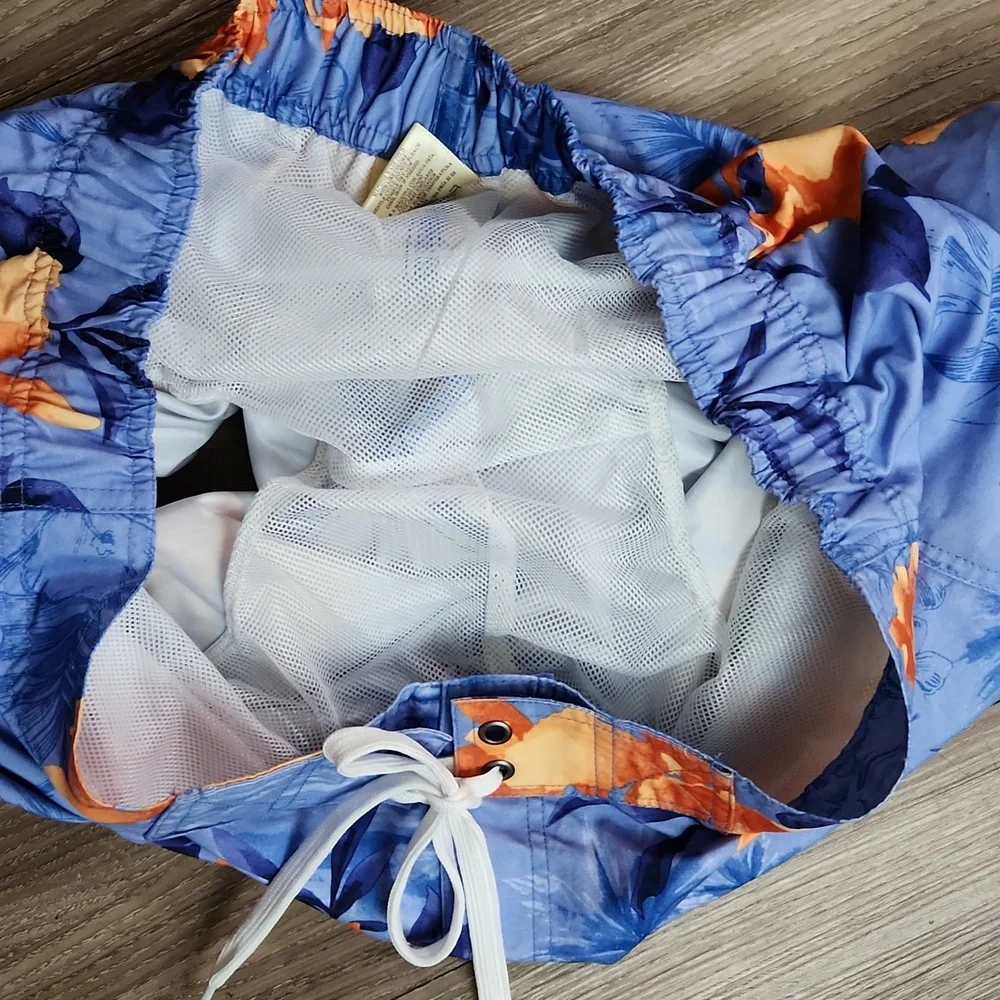 Panama Jack Blue Orange Hawaiian Print Swim Shorts Velcro Close & Pocket XL